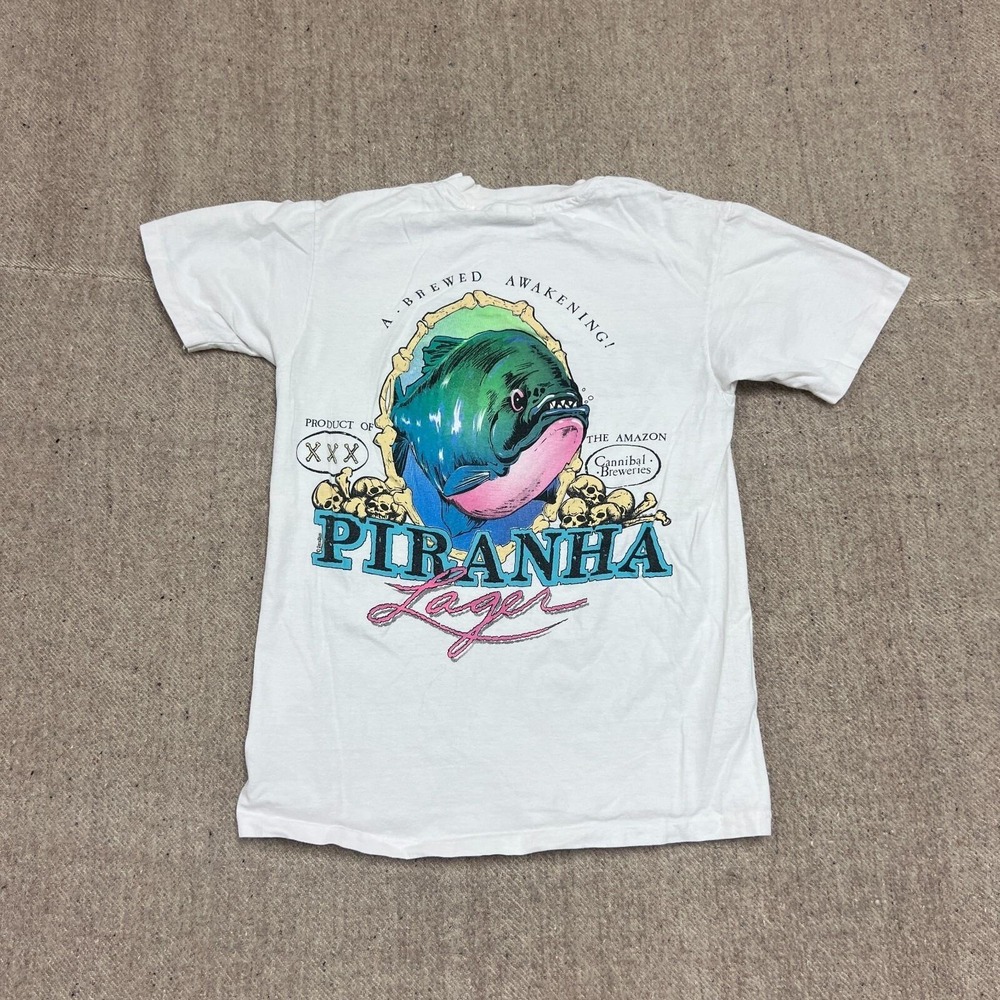 Vintage Piranha Lager Shirt‎ Mens Medium White 1980s Cannibal Breweries
